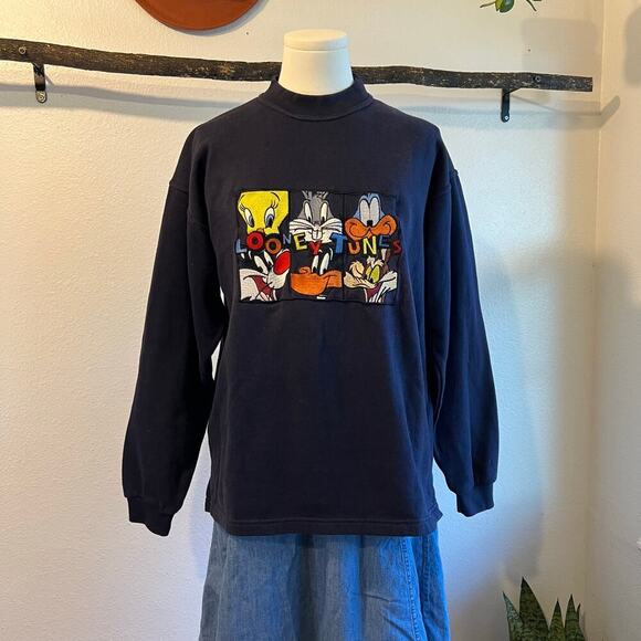 Looney Tunes Vintage Blue Cotton Embroidered Pullover Sweater Size Large - Picture 2 of 13